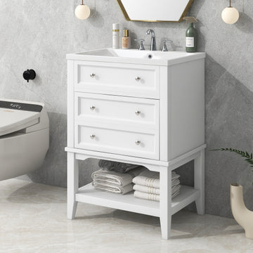 24 Bathroom Vanity With Sink, Bathroom Storage Cabinet With Drawer And Open Shelf, Solid Wood Frame, White