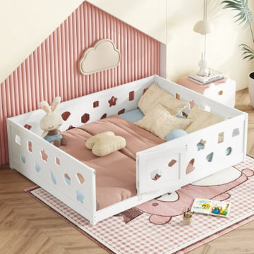 Full Size Floor Bed With Slats, Solid Wood Bedframe With Heightened Safety Guardrails And Door, For Girls, Boys, Teens, Child Bedroom, Kids Playroom, White