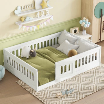 Full Size Floor Bed With Heightened Safety Guardrails And Door, Solid Wood Bedframe With Rails For Girls, Boys, Teens, Child Bedroom, Kids Playroom, No Slats Included, White