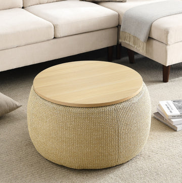 2-in-1 Round Storage Ottoman End Table, Natural 25.5x25.5x14.5