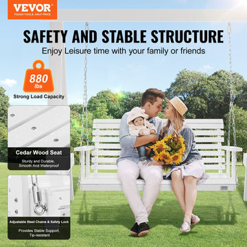 VEVOR Wooden Porch Swing 4.5 Ft, Patio Bench Swing For Courtyard & Garden, Upgraded 880 Lbs Strong Load Capacity, Heavy Duty Swing Chair Bench With Hanging Chains For Outdoors, White