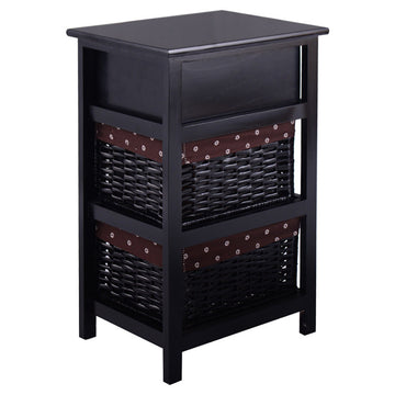 3 Tiers Wooden Storage Nightstand With 2 Baskets And 1 Drawer