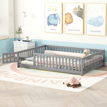 Full Size Bed Floor Bed With Safety Guardrails And Door For Kids, Gray