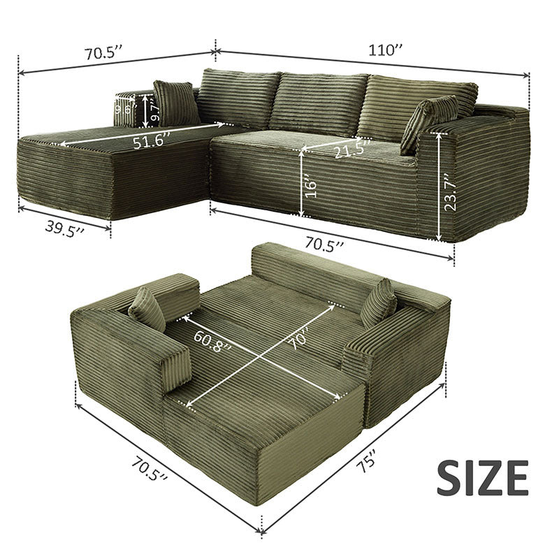 L-Shaped Compression Sofa Bed With Corduroy Fabric - Convertible Sectional Sofa, Foldable Floor Couch Sleeper, Space-Saving Flannel-Like Lounge For Small Apartments, Living Room & Game Room NO TUME