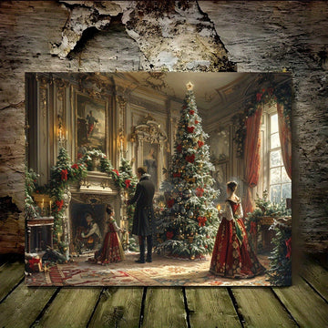 1 Canvas Painting With Wood Frame, Ready To Hang, Victorian Christmas Tree Light Scene - Woven Fiberboard Wall Art, Waterproof Framed Canvas - Holiday Decorations For Thanksgiving, Christmas, Hallowee