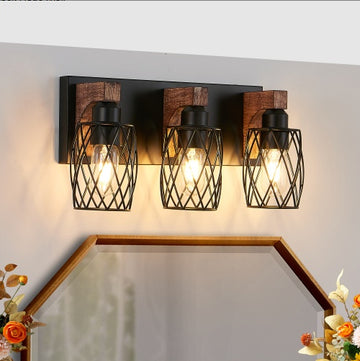 18 Industrial Vintage 3-Light Wall Sconce - Black Cage Wall Lighting Fixture With Wooden Accents For Bathroom, Hallway, Or Living Room Bulb Not Included