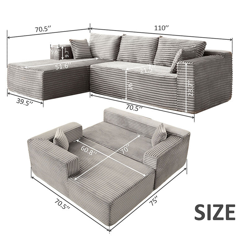 L-Shaped Compression Sofa Bed With Corduroy Fabric - Convertible Sectional Sofa, Foldable Floor Couch Sleeper, Space-Saving Flannel-Like Lounge For Small Apartments, Living Room & Game Room NO TUME