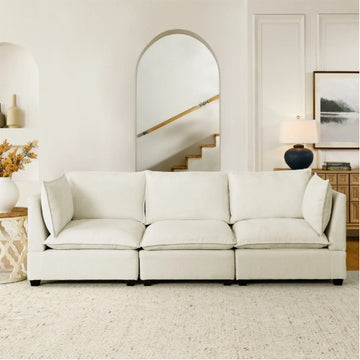 Modern Chenille Comfy Upholstered 3-Seat Sofa With 2 Lumbar Pillow, Deep Seat Sofa Sleeper For Living Room, Apartment, Office, Studio Beige White, 3-Seat
