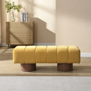Upholstered Dining Bench For Dining Room, No-Assembly End Of Bed Entryway Bench Ottoman For Bedroom Living Room, Beige Chenille Fabric Stool Top Wood Leg 300 LBS Weight Capacity