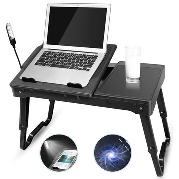 1Pc Foldable Laptop Table Bed Notebook Desk With Cooling Fan Mouse Board LED Light 4 USB Ports Breakfast Snacking Tray With Storage Groove For Home Office Use