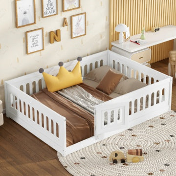 Full Size Floor Bed With Slats, Solid Wood Bedframe With Heightened Safety Guardrails And Door, For Girls, Boys, Teens, Child Bedroom, Kids Playroom, White