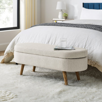 Ottoman Oval Storage Bench,Rubber Wood Legs, Beige 43.5x16x16