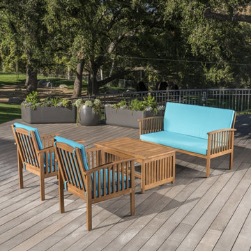 Outdoor Acacia Wood Sofa Set With Water Resistant Cushions, 4-Pcs Set, Brown Patina Teal