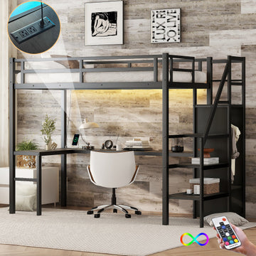 Twin XL Size Loft Bed With L-shaped Desk And USB, Metal Loft Bed With Wardrobe And Adjustable Shelf, High Loft Bed With LED For Kids Teens Adults, Black