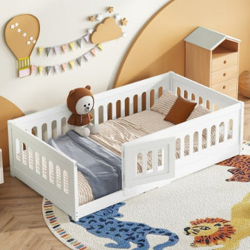Twin Size Floor Bed With Heightened Safety Guardrails And Door, Solid Wood Bedframe With Rails For Girls, Boys, Teens, Child Bedroom, Kids Playroom, No Slats Included, White