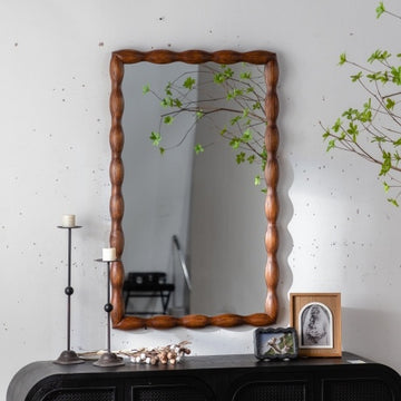 Mid-Century Modern Mirror With Solid Wood Frame,Wall-Mounted High-Definition Non-deformable Bedroom Mirror, Living Room Mirror,Brown