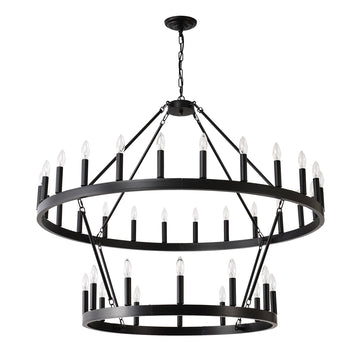 2 Tiers Wagon Wheel Chandelier Wooden Farmhouse 36-Light Black Metal Chandeliers 2-Story Light Fixtures Industrial For High Ceiling Living Dining Room Foyer. Adjustable Height