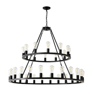 48 Inch Black Extra Large Wagon Wheel Chandelier, 2 Tier 36-Lights No Include Farmhouse Industrial Round High Ceiling Pendant Light Adjustable Chain, For Dining Room, Living Room,Kitchen