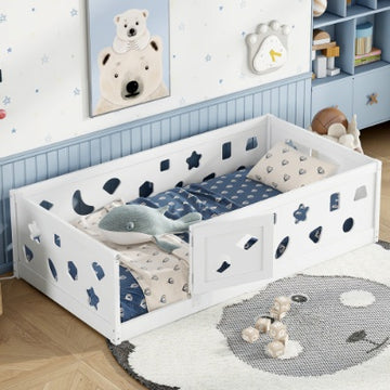 Twin Size Floor Bed With Heightened Safety Guardrails And Door, Solid Wood Bedframe With Rails For Girls, Boys, Teens, Child Bedroom, Kids Playroom, White