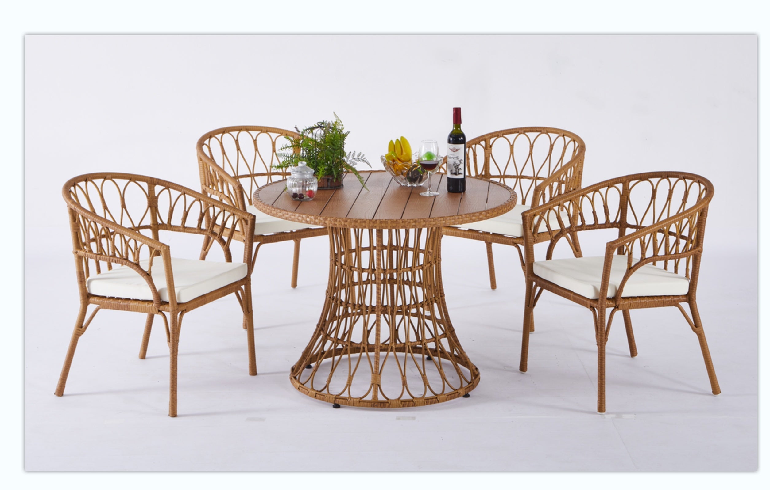 Outdoor Dining Simple Bamboo Chair Table , PE Ratten Round Table 110CM Plastic Wood Top