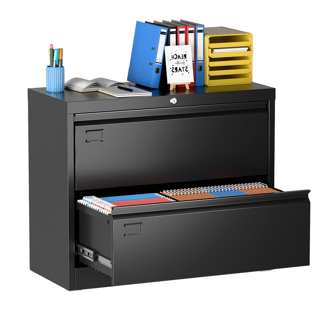 Aobabo Metal 2 Drawer Lateral File Cabinet With Lock, Large Deep Drawer With Adjustable File Bars For Office,Home, 34.5 Inches Wide For Letter,Legal Size, Black, Assembly Required