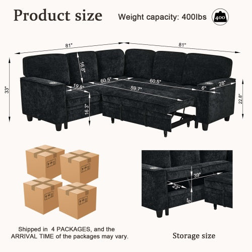 L-Shaped Sofa With Pull Out Sofa Bed, Sleeper Sofa Couch Bed With Storage Seat, 5 Seat Sectional Sofa Bed With USB, Sectional Sofa Couch For Living Room, Apartment