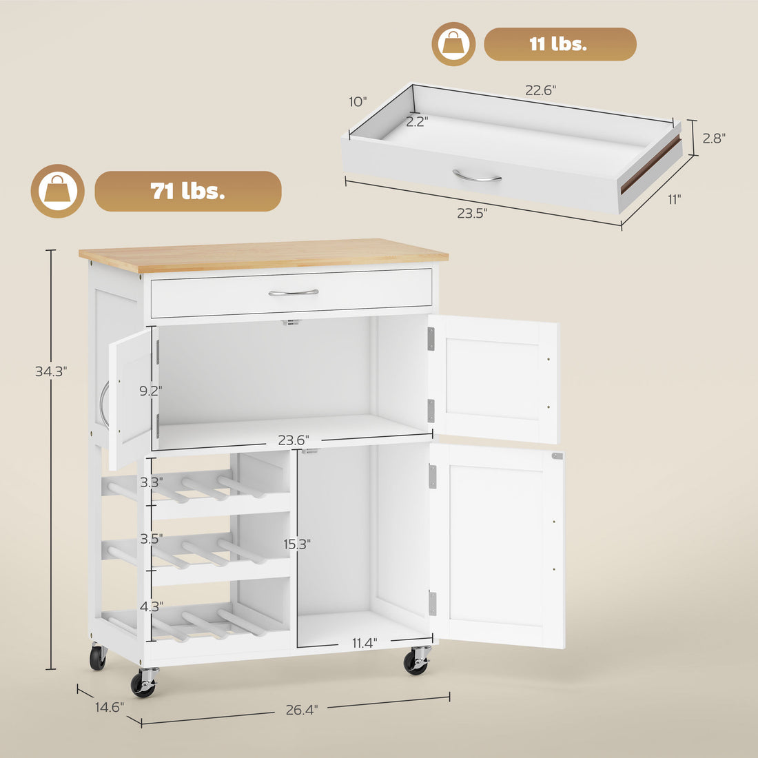 Rolling Kitchen Cart, White, Island With Storage Drawer, 9-Bottle Wine Rack, Door Cabinets, Wooden Countertop