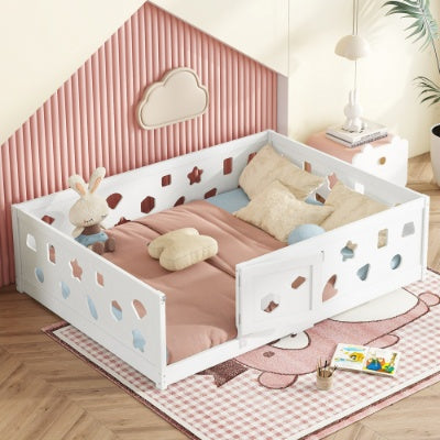 Full Size Floor Bed With Slats, Solid Wood Bedframe With Heightened Safety Guardrails And Door, For Girls, Boys, Teens, Child Bedroom, Kids Playroom, White