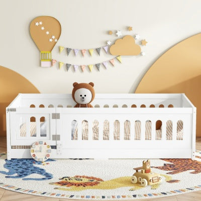 Twin Size Floor Bed With Heightened Safety Guardrails And Door, Solid Wood Bedframe With Rails For Girls, Boys, Teens, Child Bedroom, Kids Playroom, No Slats Included, White