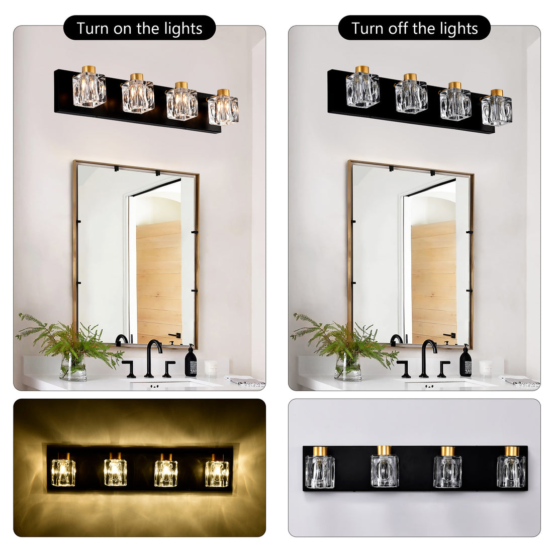 4-Light Matte Black Gold Bathroom Light Fixtures, Modern Vanity Lights With Crystal Glass Shade, Vintage Light Fixture Bathroom Over Mirror Wall Lights For Kitchen Dinning Room Bedroom Hallway
