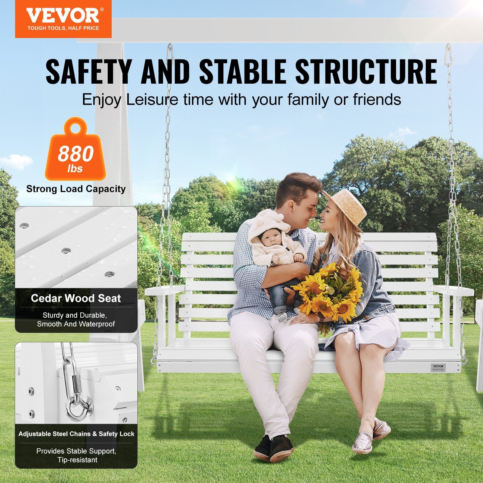 VEVOR Wooden Porch Swing 4.5 Ft, Patio Bench Swing For Courtyard & Garden, Upgraded 880 Lbs Strong Load Capacity, Heavy Duty Swing Chair Bench With Hanging Chains For Outdoors, White