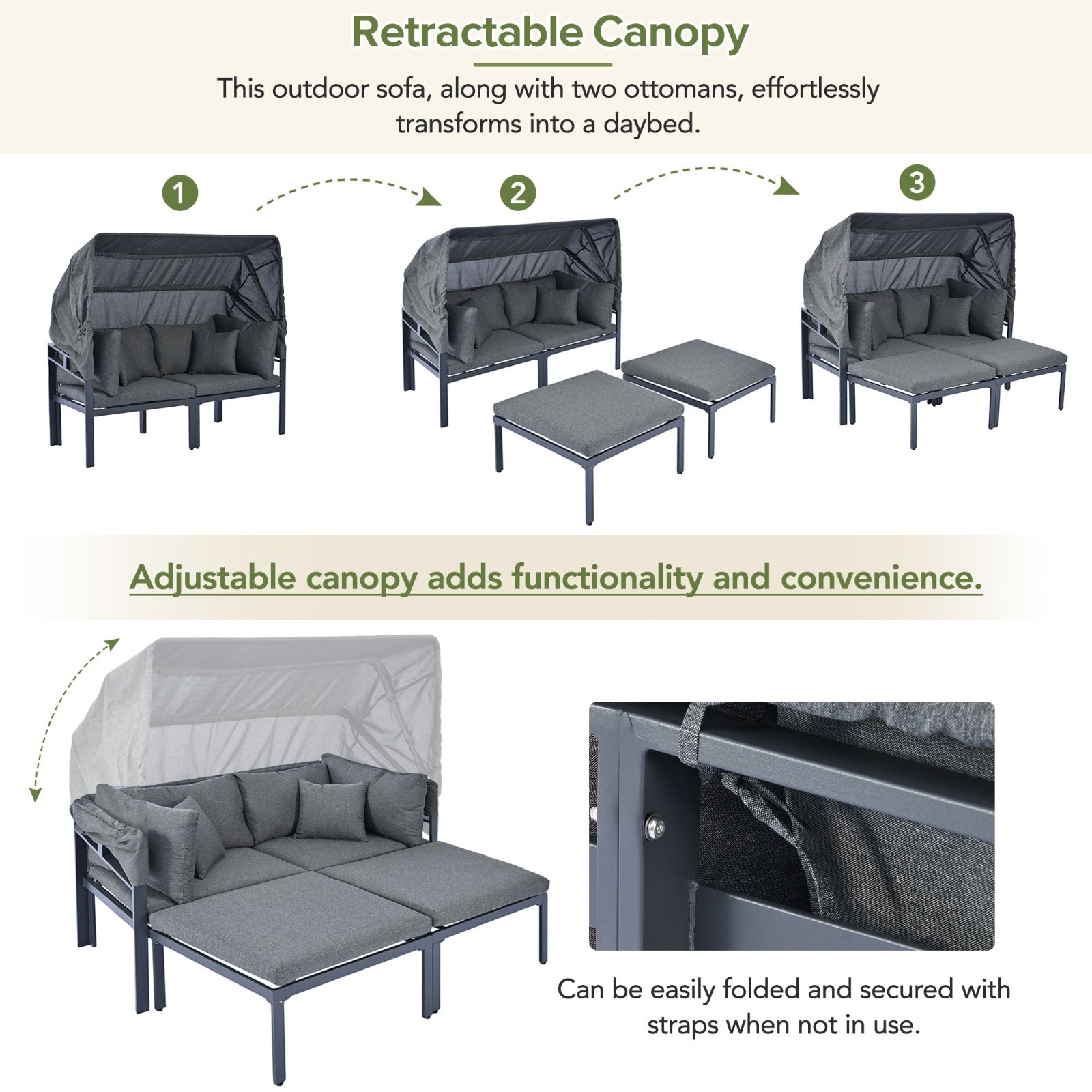 TOPMAX 3-Piece Patio Daybed With Retractable Canopy Outdoor Metal Sectional Sofa Set Sun Lounger Wit