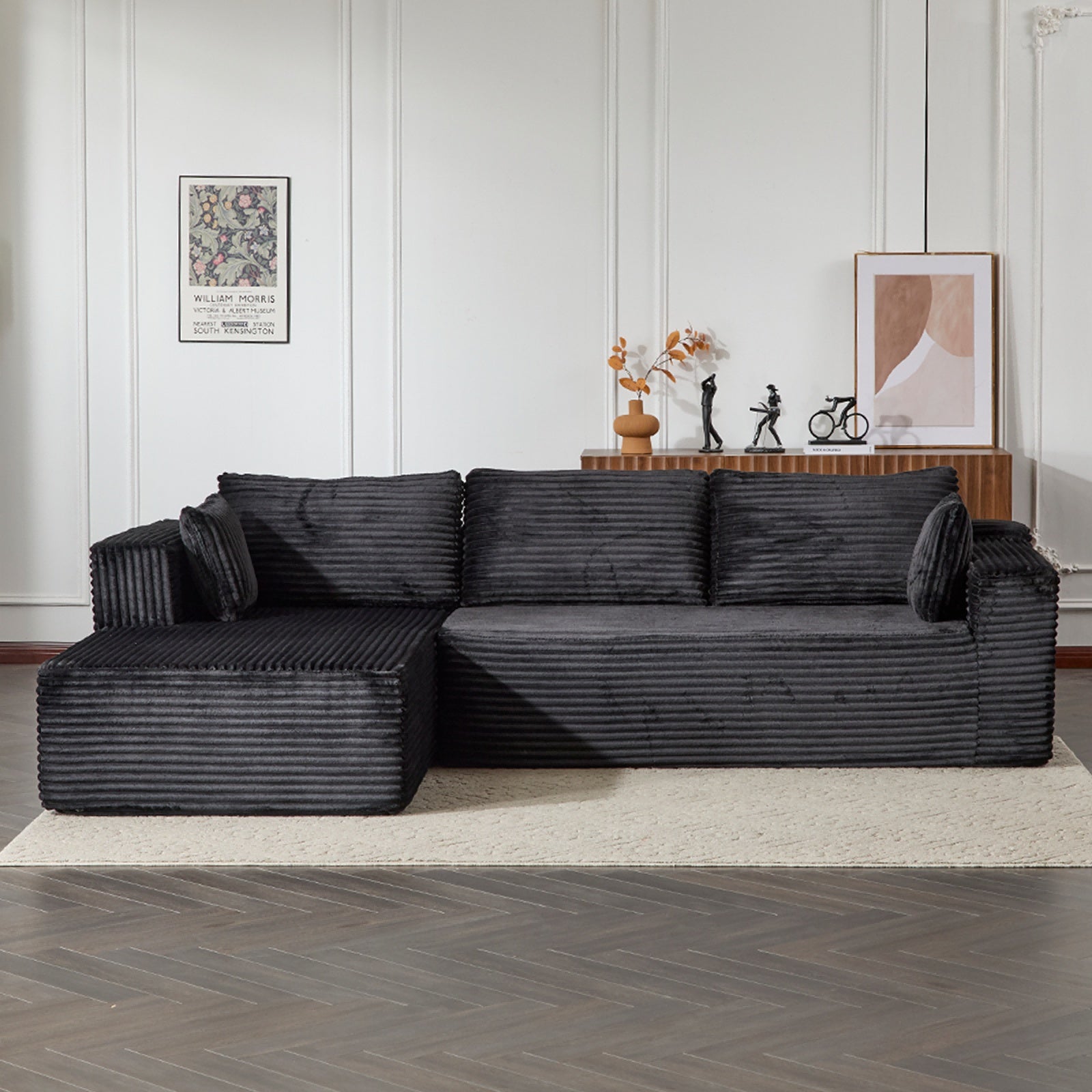 Compression Sectional Couch With Comfy Chaise, Boneless L Shape Sofa With Deep Seat, Minimalist Modular Couches Sleeper For Living Room Bedroom Apartment Lounge,corduroy,Black