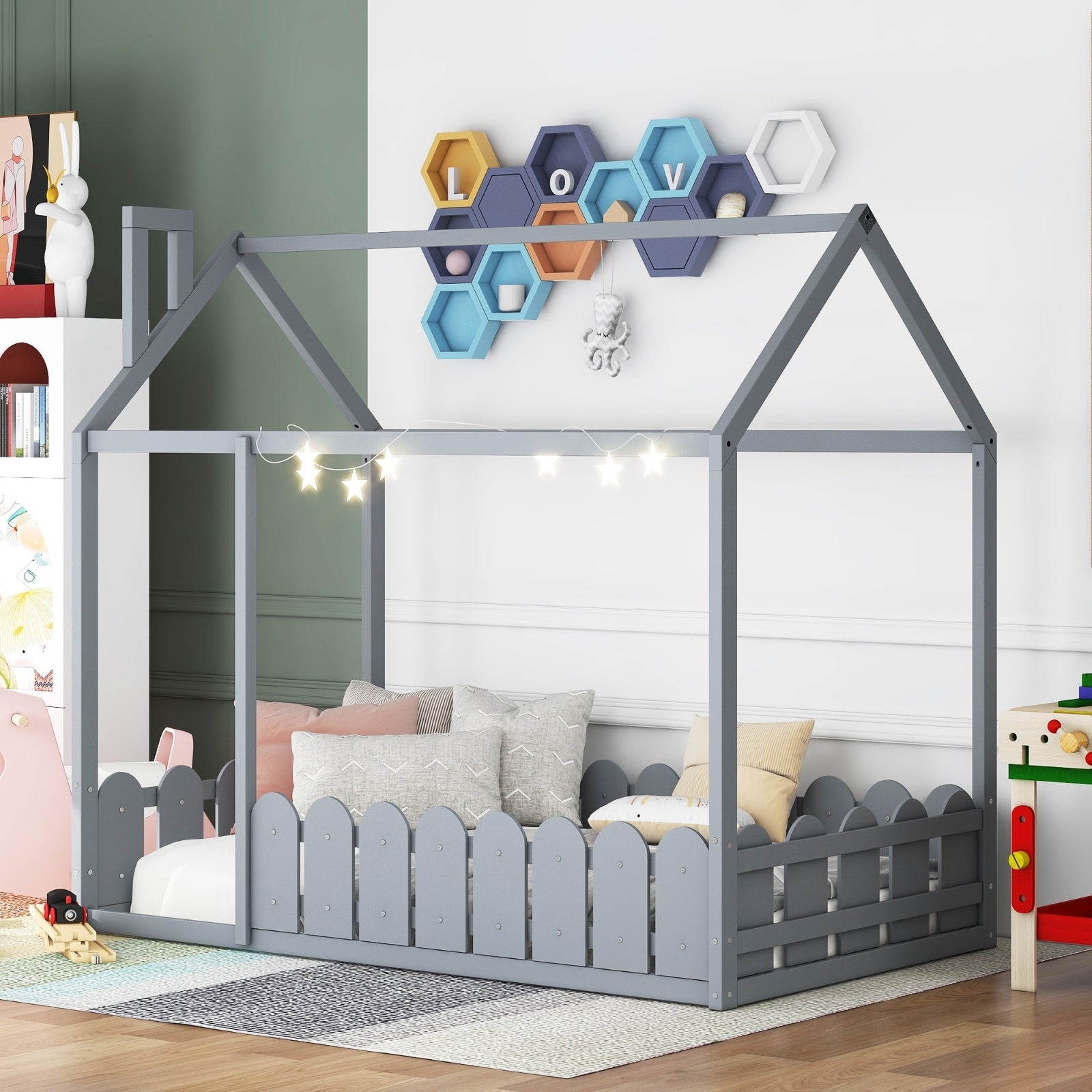 Twin Size Wood House Bed Frame With Fence For Kids, Teens - No Slats
