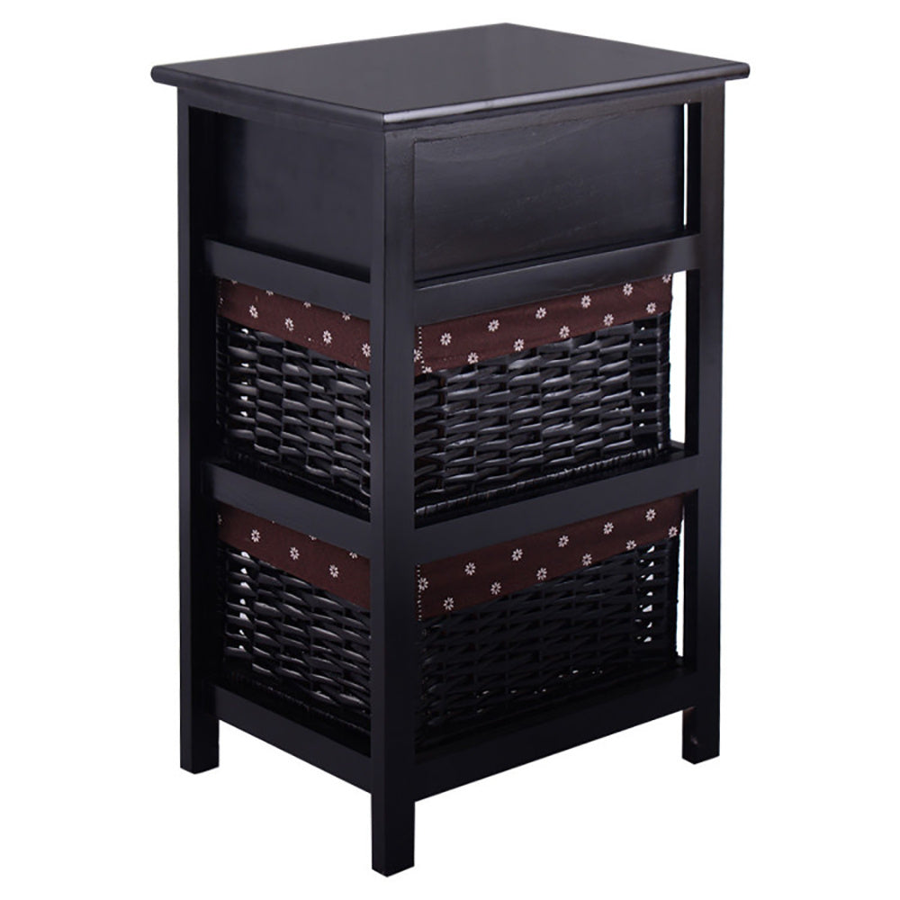 3 Tiers Wooden Storage Nightstand With 2 Baskets And 1 Drawer