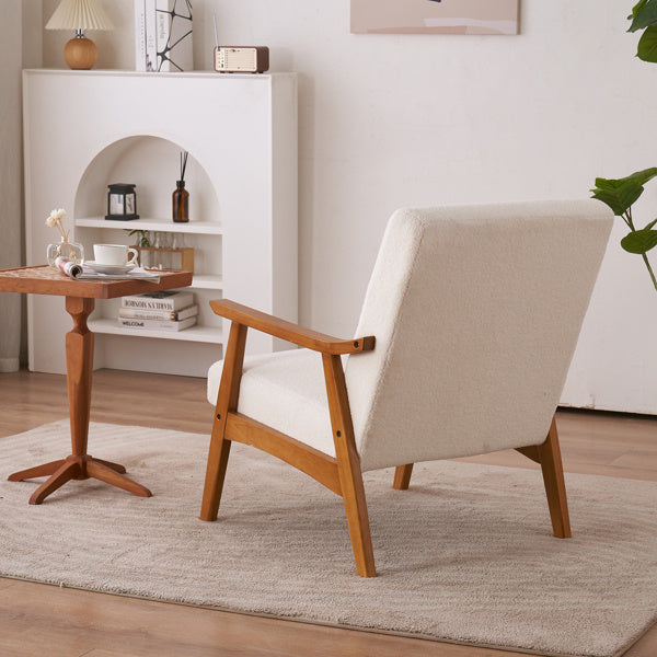 Armrests In Solid Wood, Upholstered, Teddy Velvet, Off-white, Interior Lounge Chair
