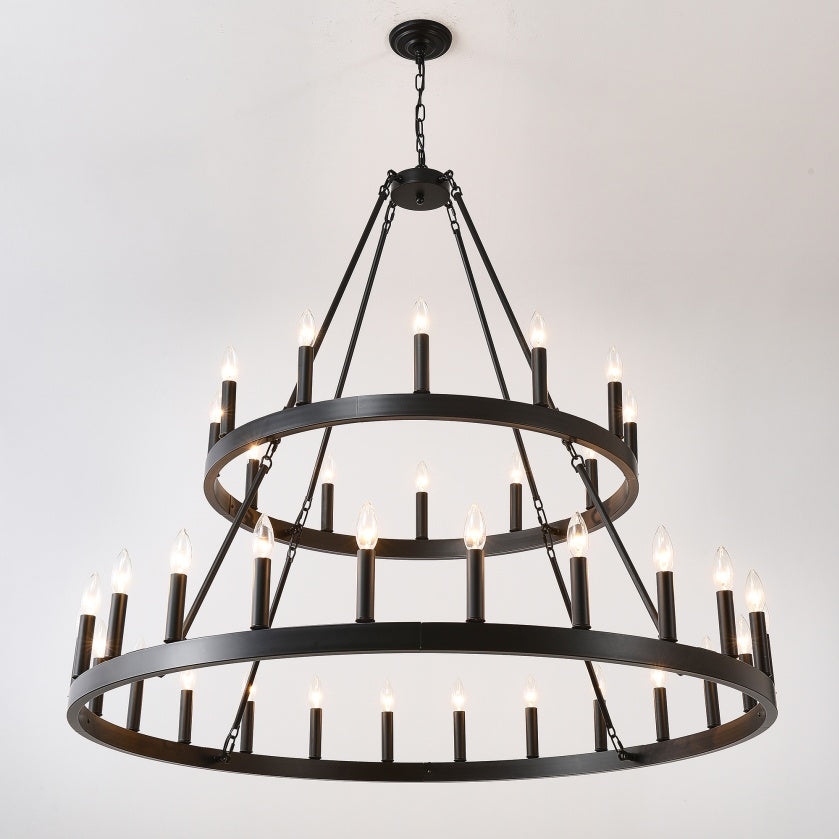 2 Tiers Wagon Wheel Chandelier Wooden Farmhouse 36-Light Black Metal Chandeliers 2-Story Light Fixtures Industrial For High Ceiling Living Dining Room Foyer. Adjustable Height