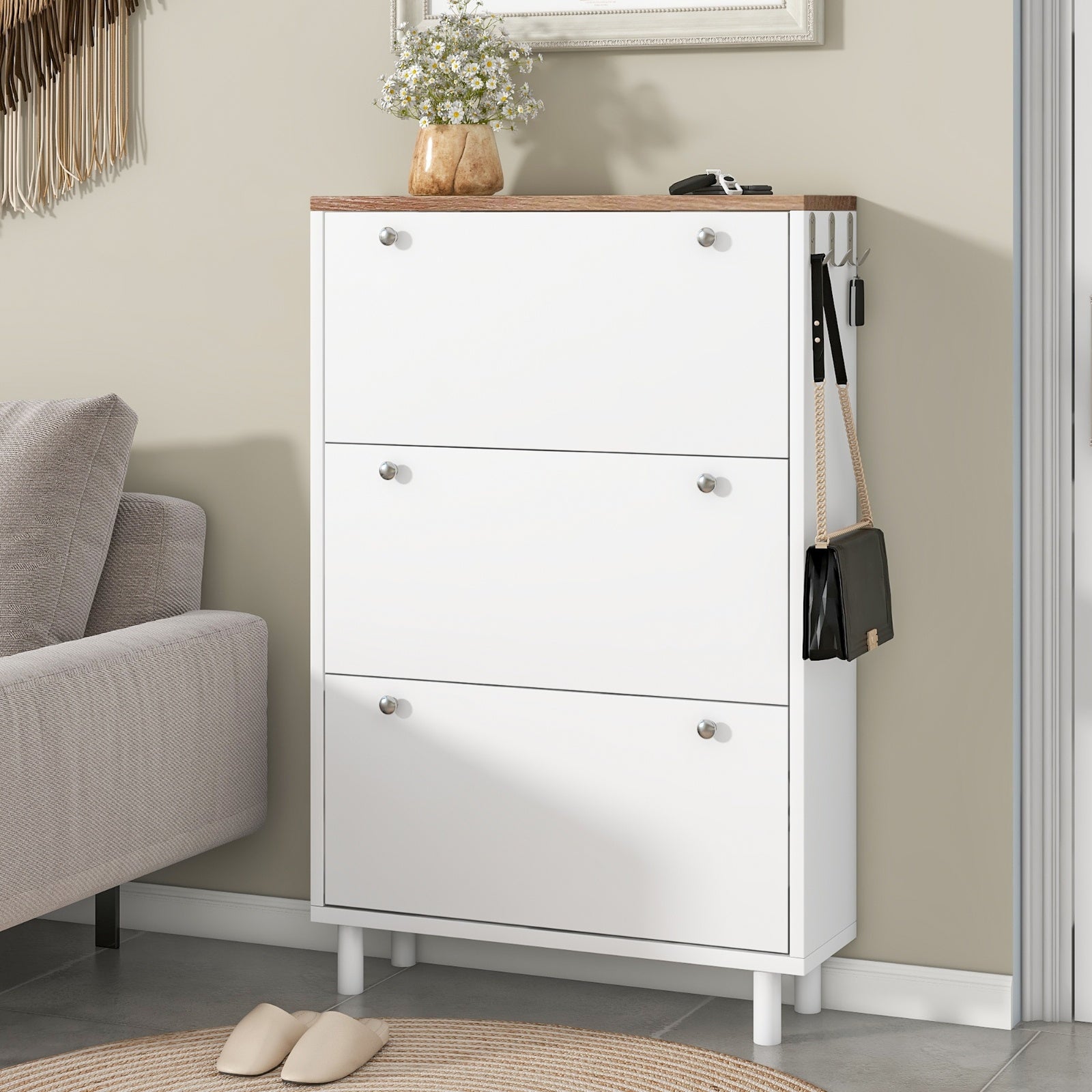 Narrow 3-Flip Drawer Shoe Cabinet Wood Grain Top Entryway Organizer