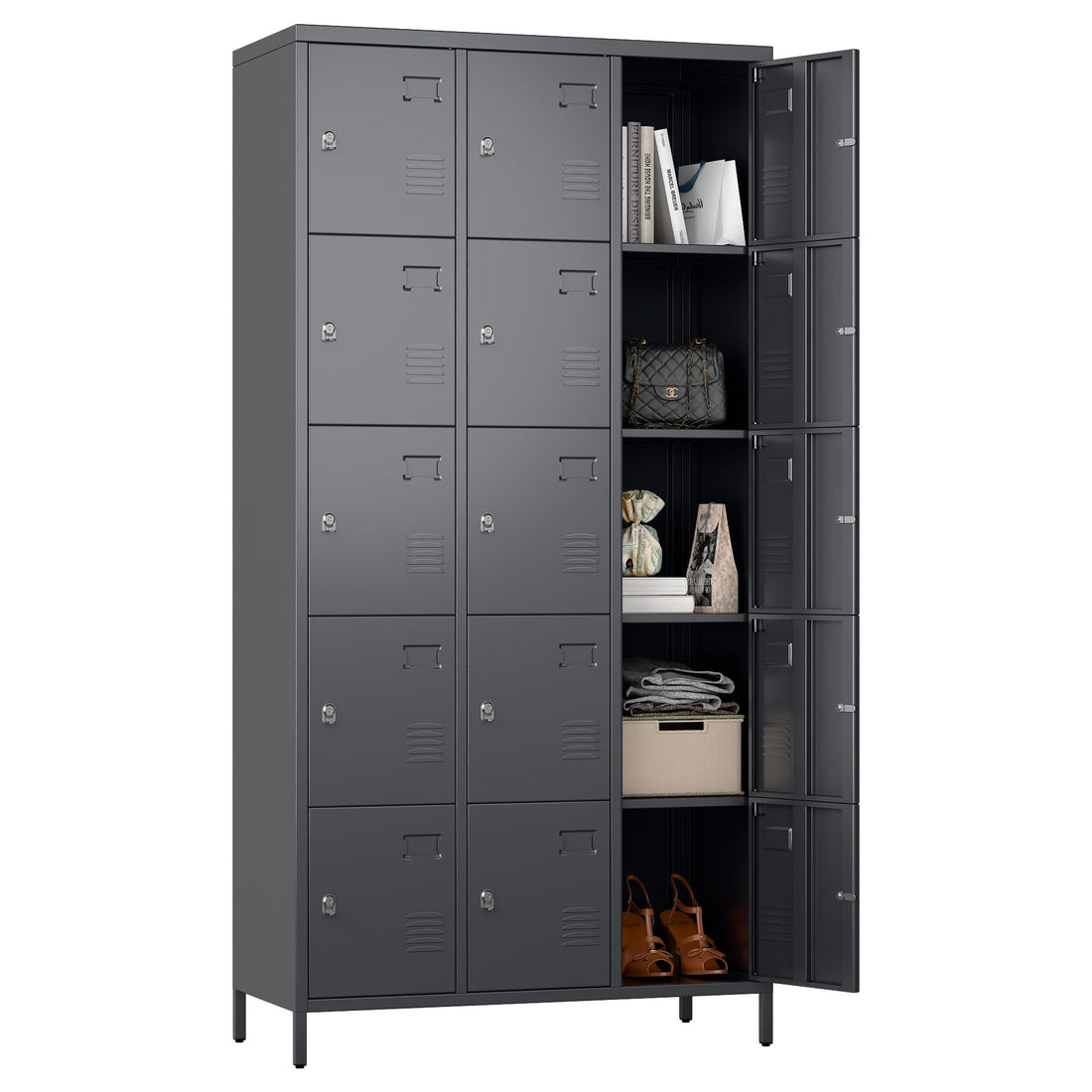 15 Doors Metal Lockers For Employees For Offices School Gyms Home,Assembly Required,Dark Gray