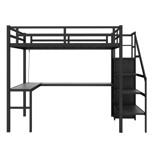 Twin XL Size Loft Bed With L-shaped Desk And USB, Metal Loft Bed With Wardrobe And Adjustable Shelf, High Loft Bed With LED For Kids Teens Adults, Black
