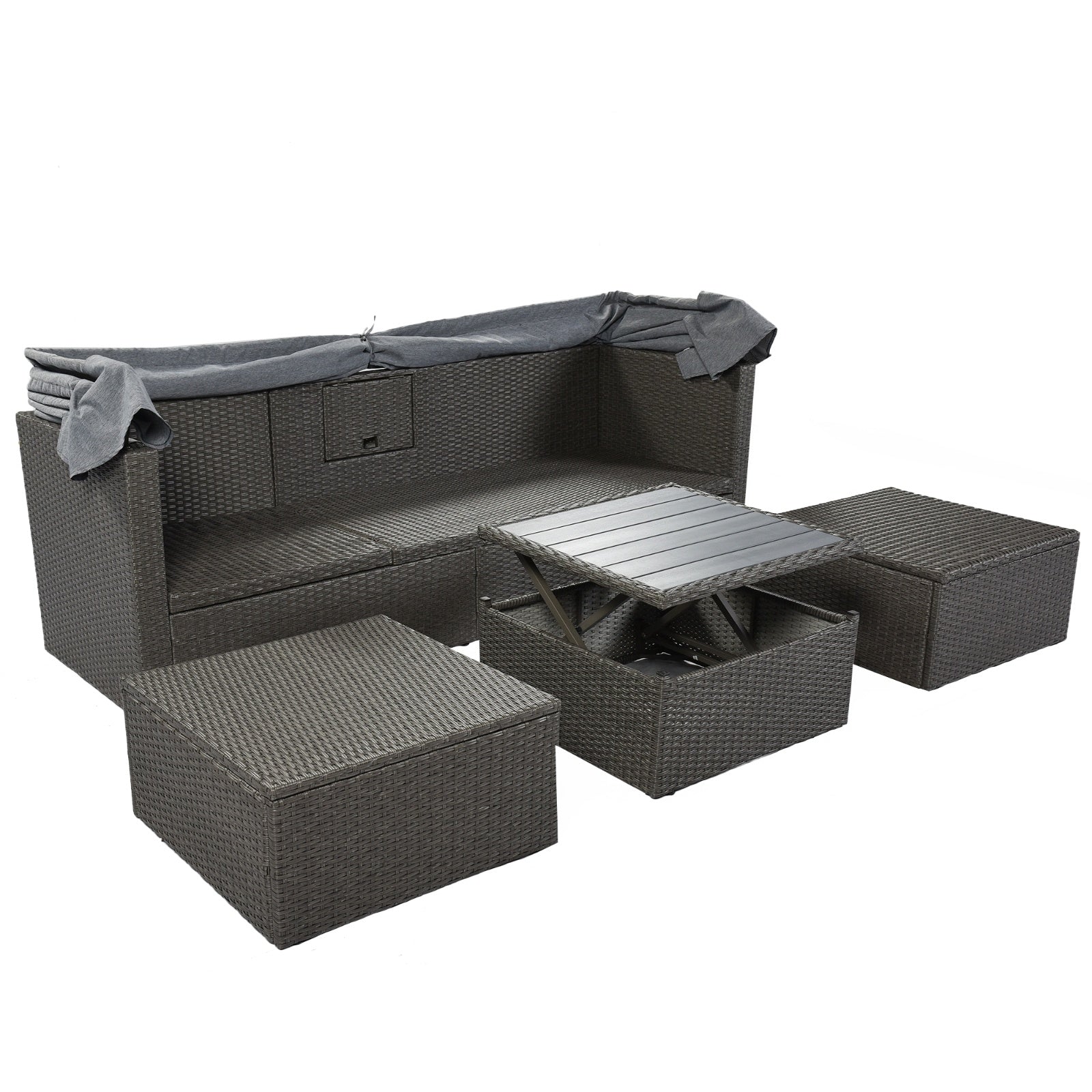 U Style Patio Rectangle Daybed With Canopy, Wicker Sectional Seating