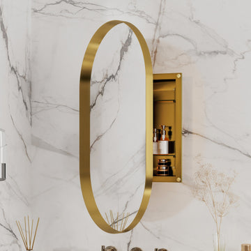 20x34 Inch Oval Recessed Medicine Cabinet, Metal Framed Bathroom Wall Cabinet With Mirror And Adjustable Shelves, Wall Mirror With Storage For Bathroom, Matte Gold