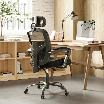 Retractable Footrest Ergonomic Swivel Office Chair With Lumbar Support Pillow And Padded Armrests