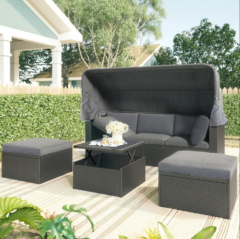 U Style Patio Rectangle Daybed With Canopy, Wicker Sectional Seating