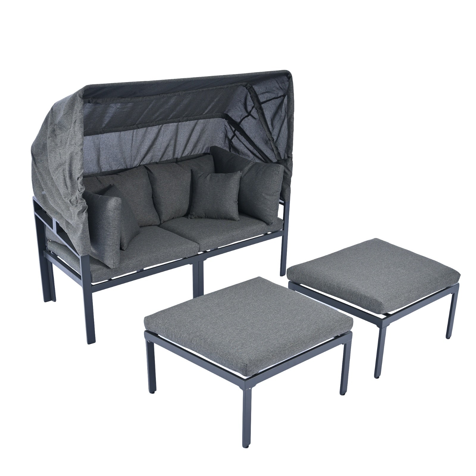 TOPMAX 3-Piece Patio Daybed With Retractable Canopy Outdoor Metal Sectional Sofa Set Sun Lounger Wit