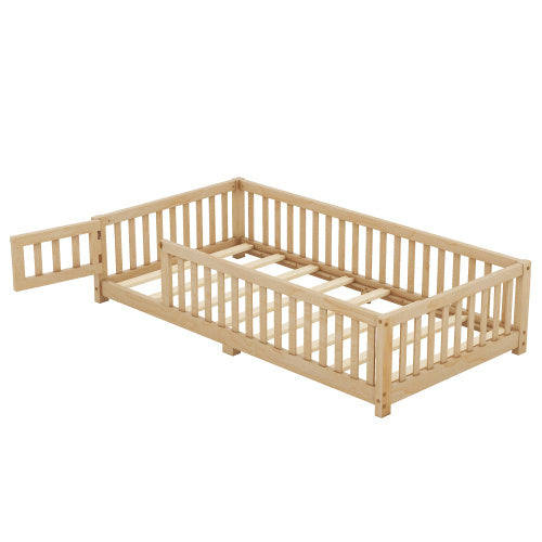 Twin Size Bed Floor Bed With Safety Guardrails And Door For Kids, Natural