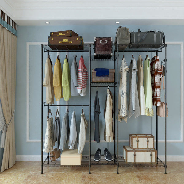 4 Rows Of Clothes Bars Plus 7 Layers Of Shelves With One Row Of 4 Hooks Clothes Hooks Variant Open Wardrobe 180x35x195cm Black