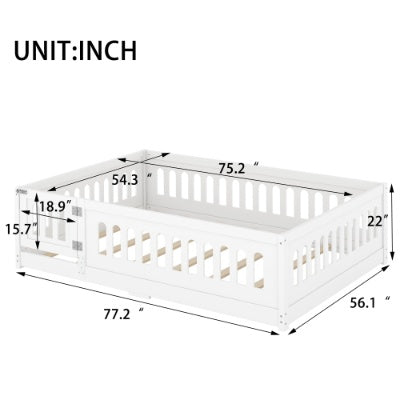 Full Size Floor Bed With Slats, Solid Wood Bedframe With Heightened Safety Guardrails And Door, For Girls, Boys, Teens, Child Bedroom, Kids Playroom, White