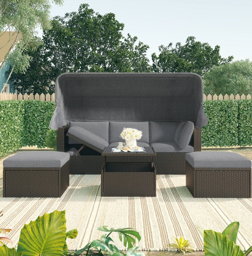 U Style Patio Rectangle Daybed With Canopy, Wicker Sectional Seating