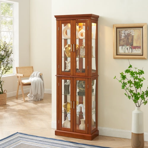 Curio Cabinet Lighted Curio Diapaly Cabinet With Adjustable Shelves And Mirrored Back Panel, Tempered Glass Doors